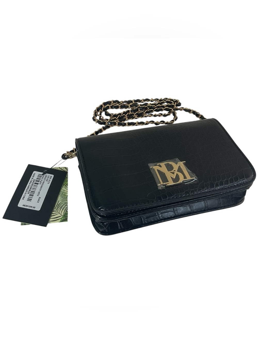 Badgley Mischka BM-4173 Black Croco Crossbody With Logo Plate Vegan Leather Bag - Picture 4 of 16